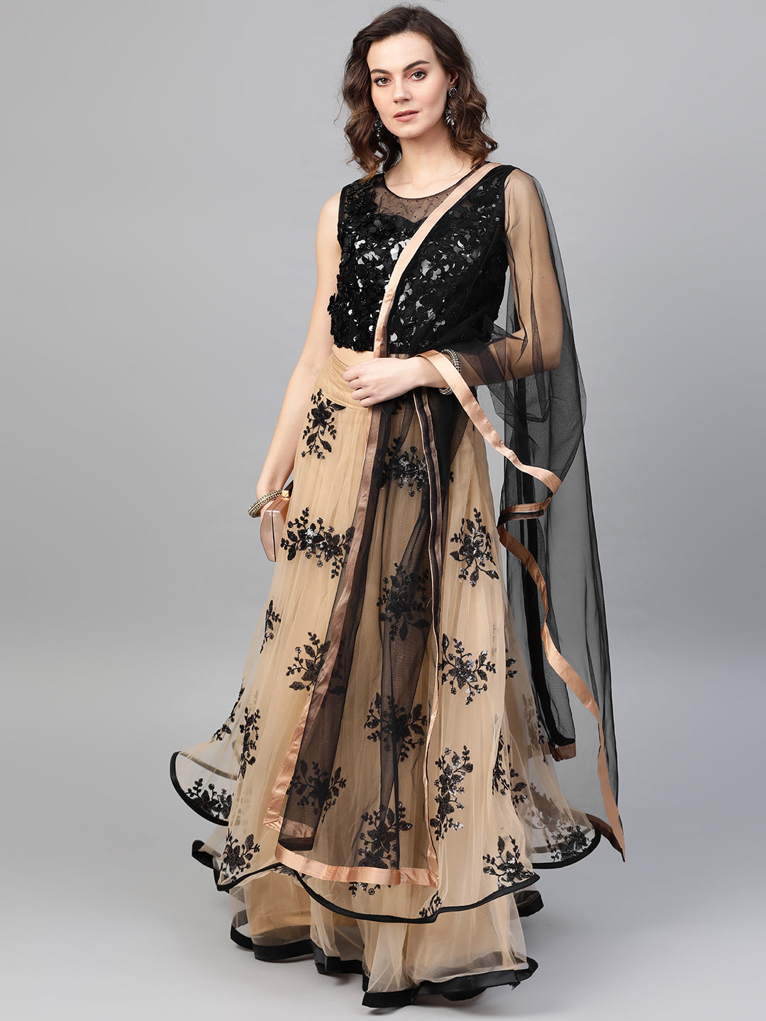 Applique Floral Embroidered Crop Top Lehenga Set with Ruffled Hemline