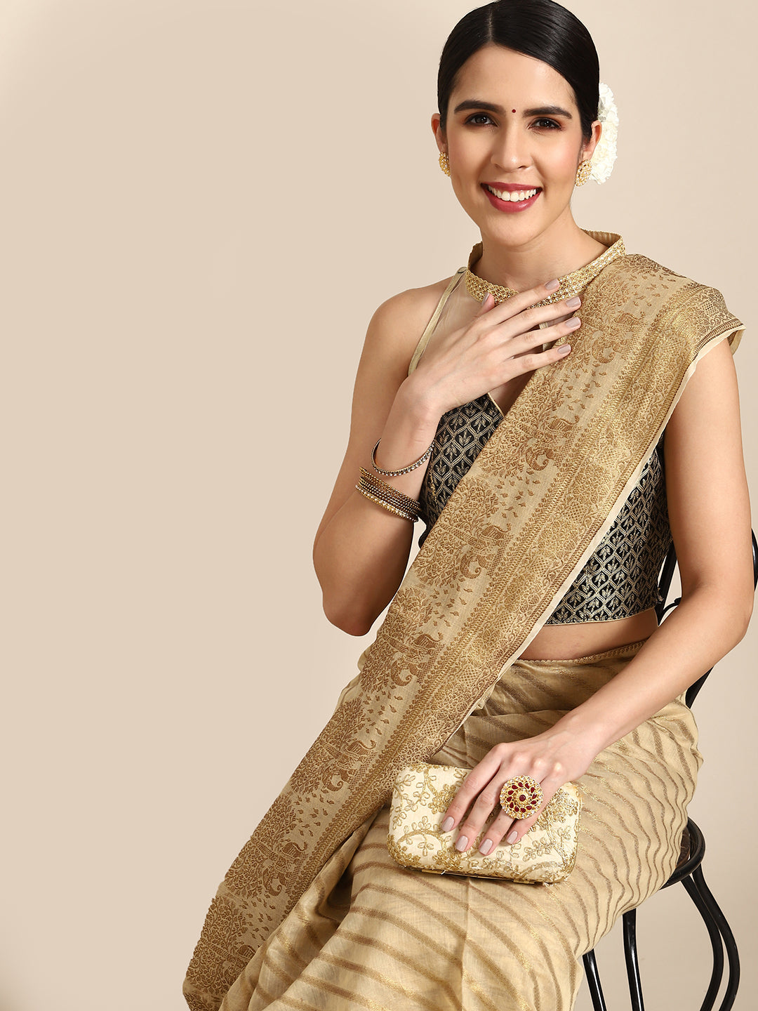 Golden Beige Banarasi Striped Oxidised Gold Zari Woven Chanderi Saree