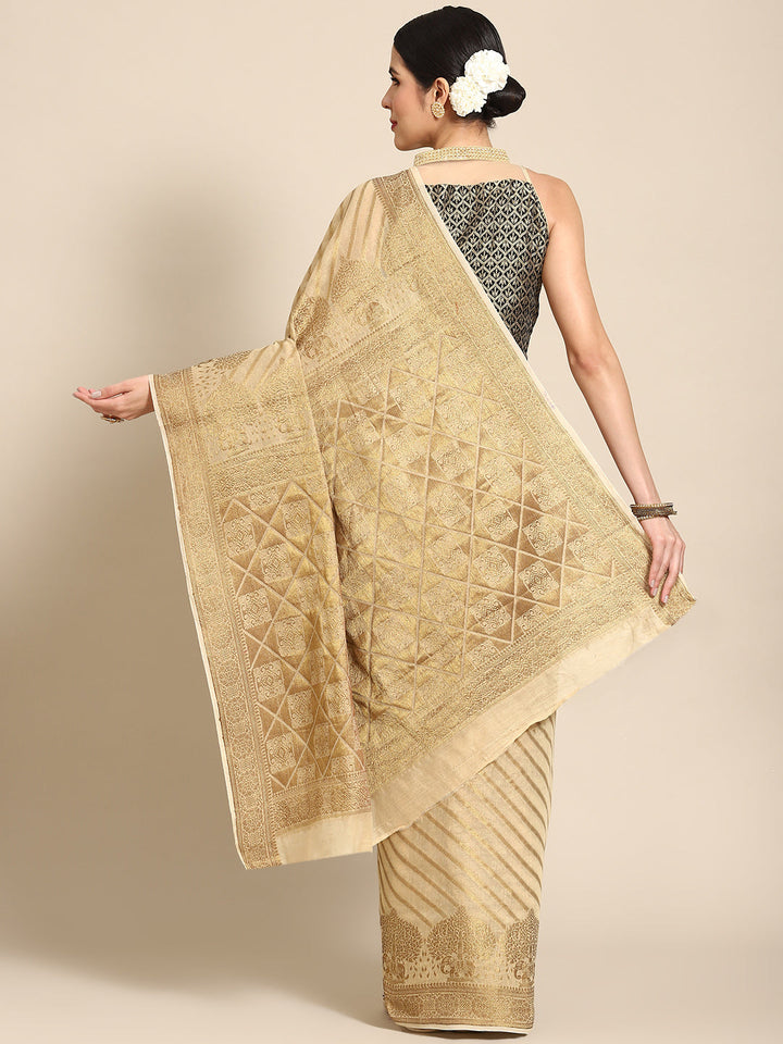 Golden Beige Banarasi Striped Oxidised Gold Zari Woven Chanderi Saree