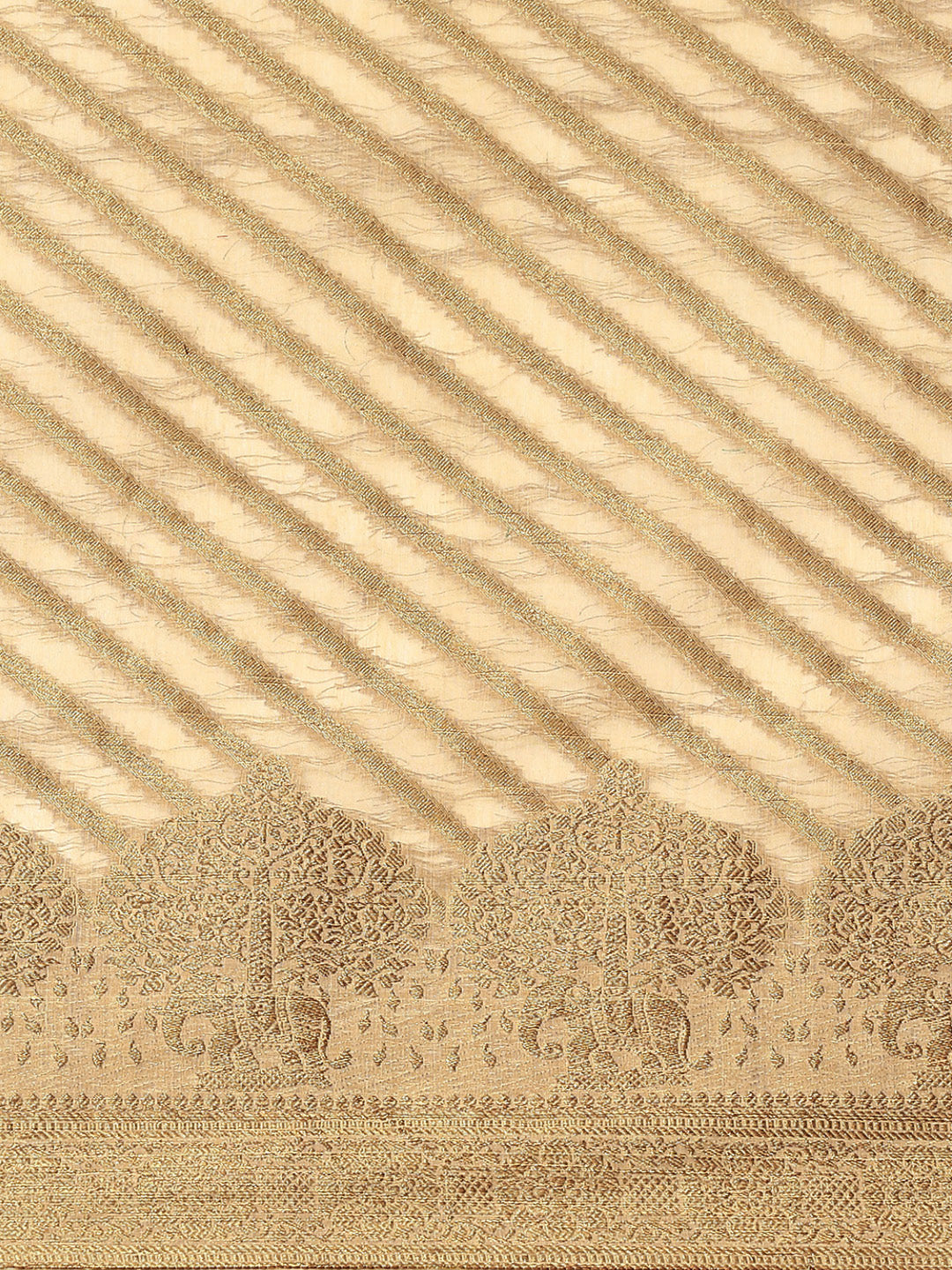Golden Beige Banarasi Striped Oxidised Gold Zari Woven Chanderi Saree