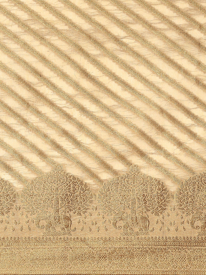 Golden Beige Banarasi Striped Oxidised Gold Zari Woven Chanderi Saree