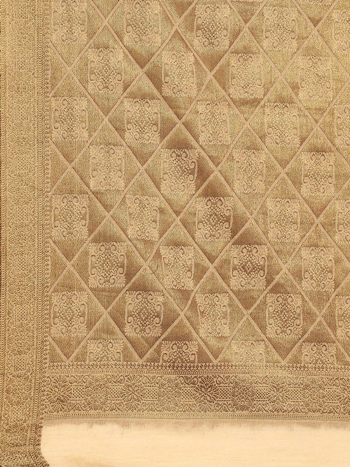 Golden Beige Banarasi Striped Oxidised Gold Zari Woven Chanderi Saree
