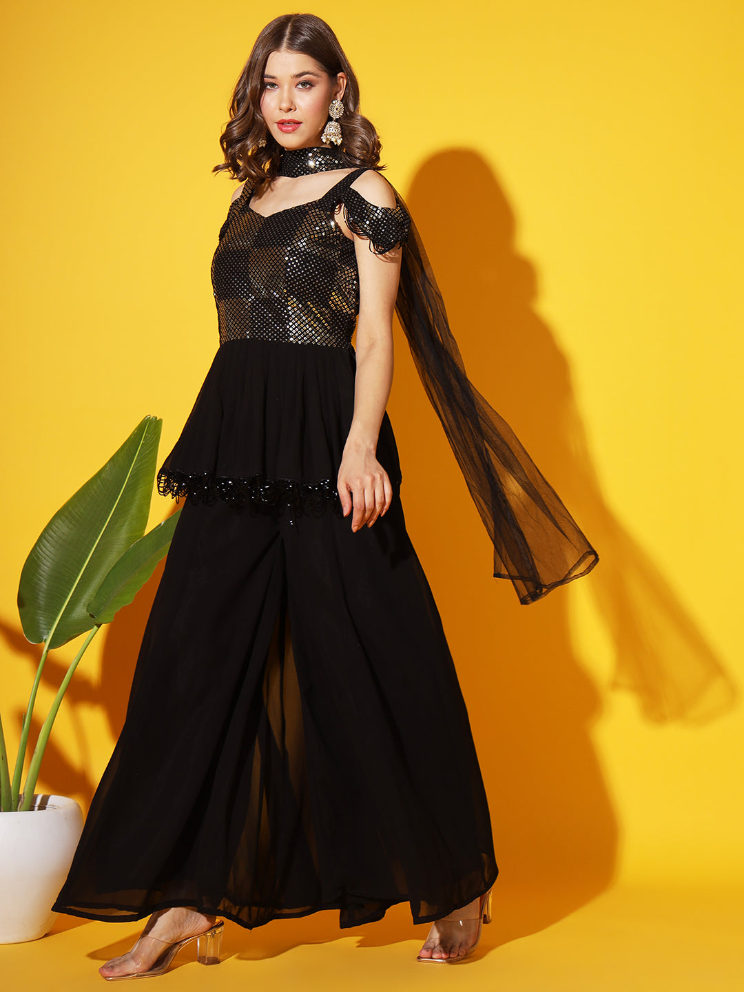 Sequin Embroidered Tassled Peplum Style Kurta with Flared Pallazo Set