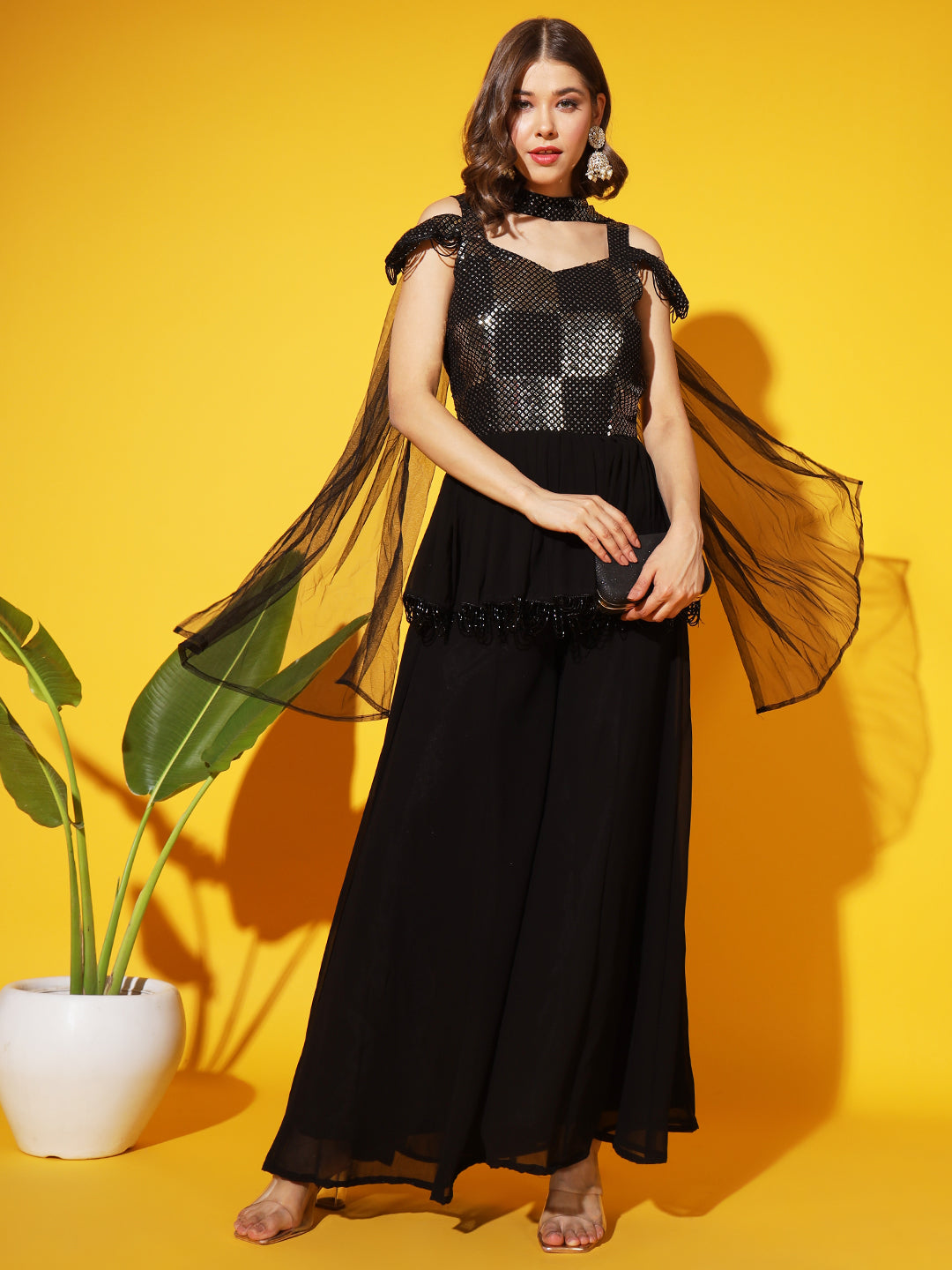 Sequin Embroidered Tassled Peplum Style Kurta with Flared Pallazo Set