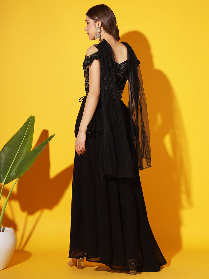 Sequin Embroidered Tassled Peplum Style Kurta with Flared Pallazo Set