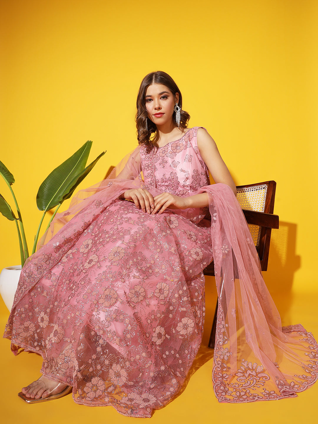 Pastel Pink Beads and Crystal Embellished Kalidar Flared Gown