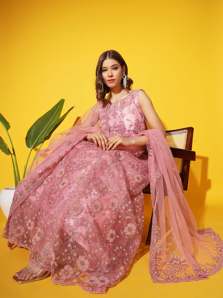 Pastel Pink Beads and Crystal Embellished Kalidar Flared Gown