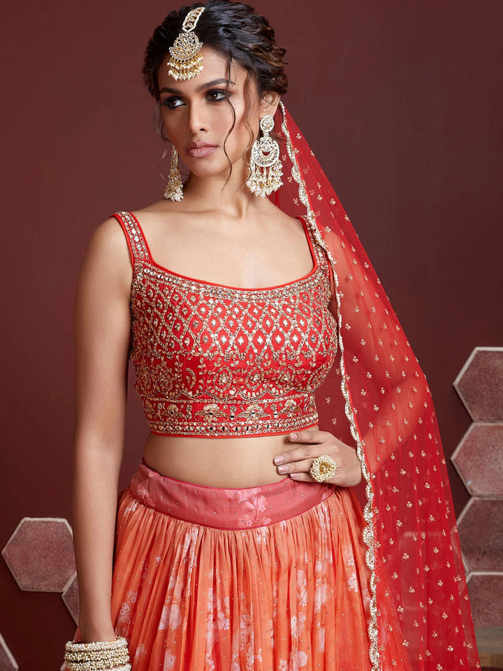 Digital Ombre Print Lehenga Embroidered Blouse & Sequinned Dupatta