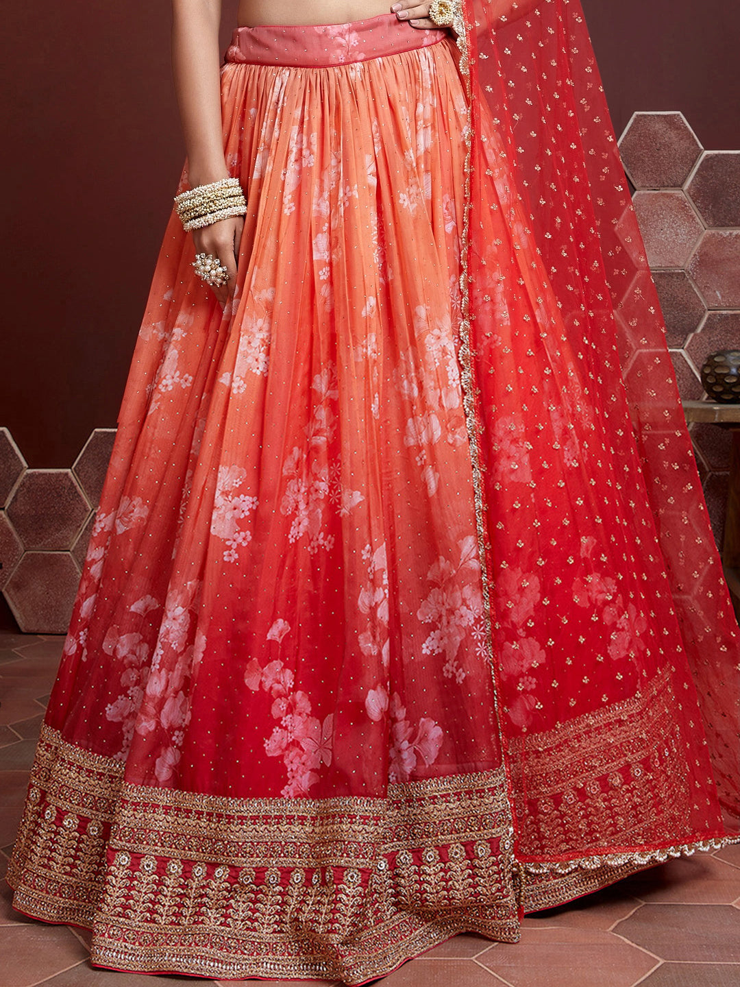 Digital Ombre Print Lehenga Embroidered Blouse & Sequinned Dupatta