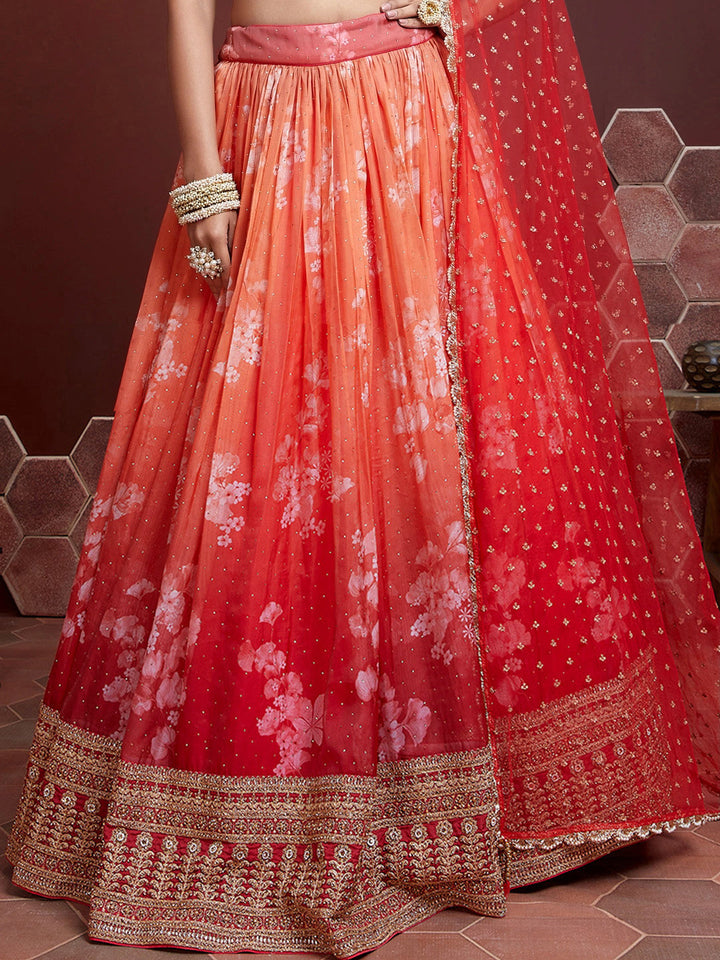 Digital Ombre Print Lehenga Embroidered Blouse & Sequinned Dupatta