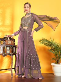 Chhabra 555 Georgette Indo Western Pallazo Set with Embroidered Crop Top & Pleated Long Jacket