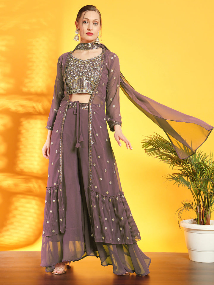 Georgette Indo Western Pallazo Set with Embroidered Crop Top & Pleated Long Jacket