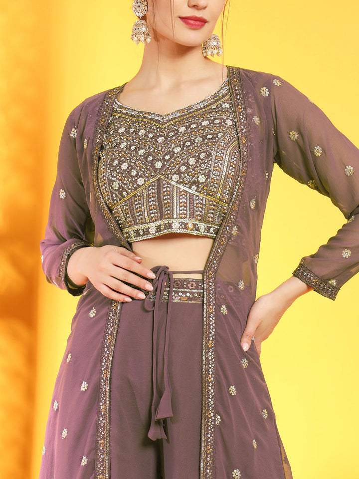Georgette Indo Western Pallazo Set with Embroidered Crop Top & Pleated Long Jacket