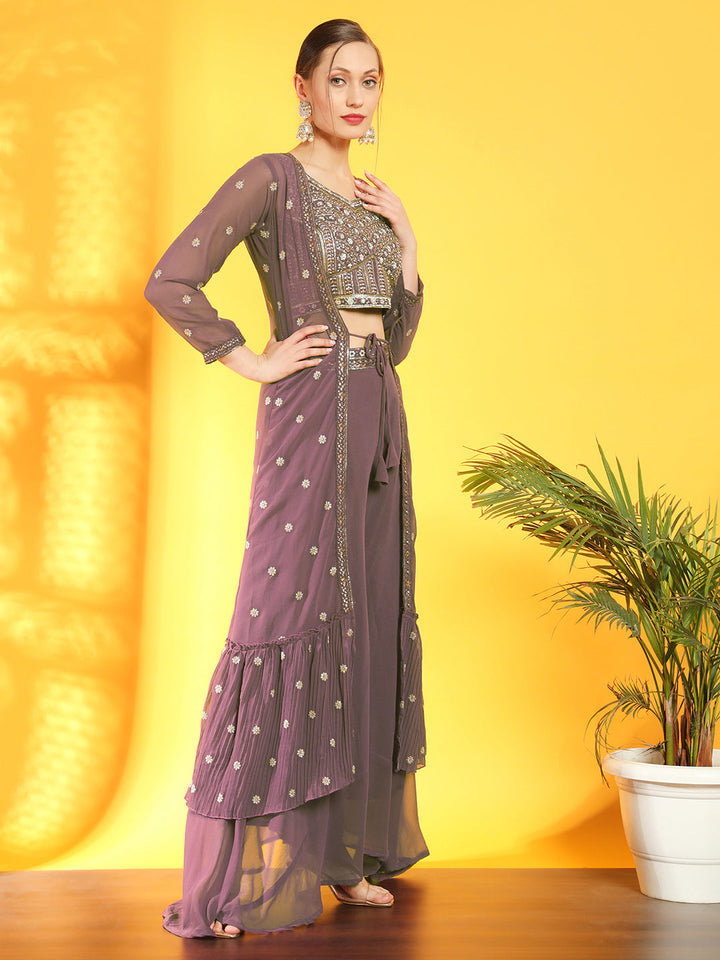 Georgette Indo Western Pallazo Set with Embroidered Crop Top & Pleated Long Jacket