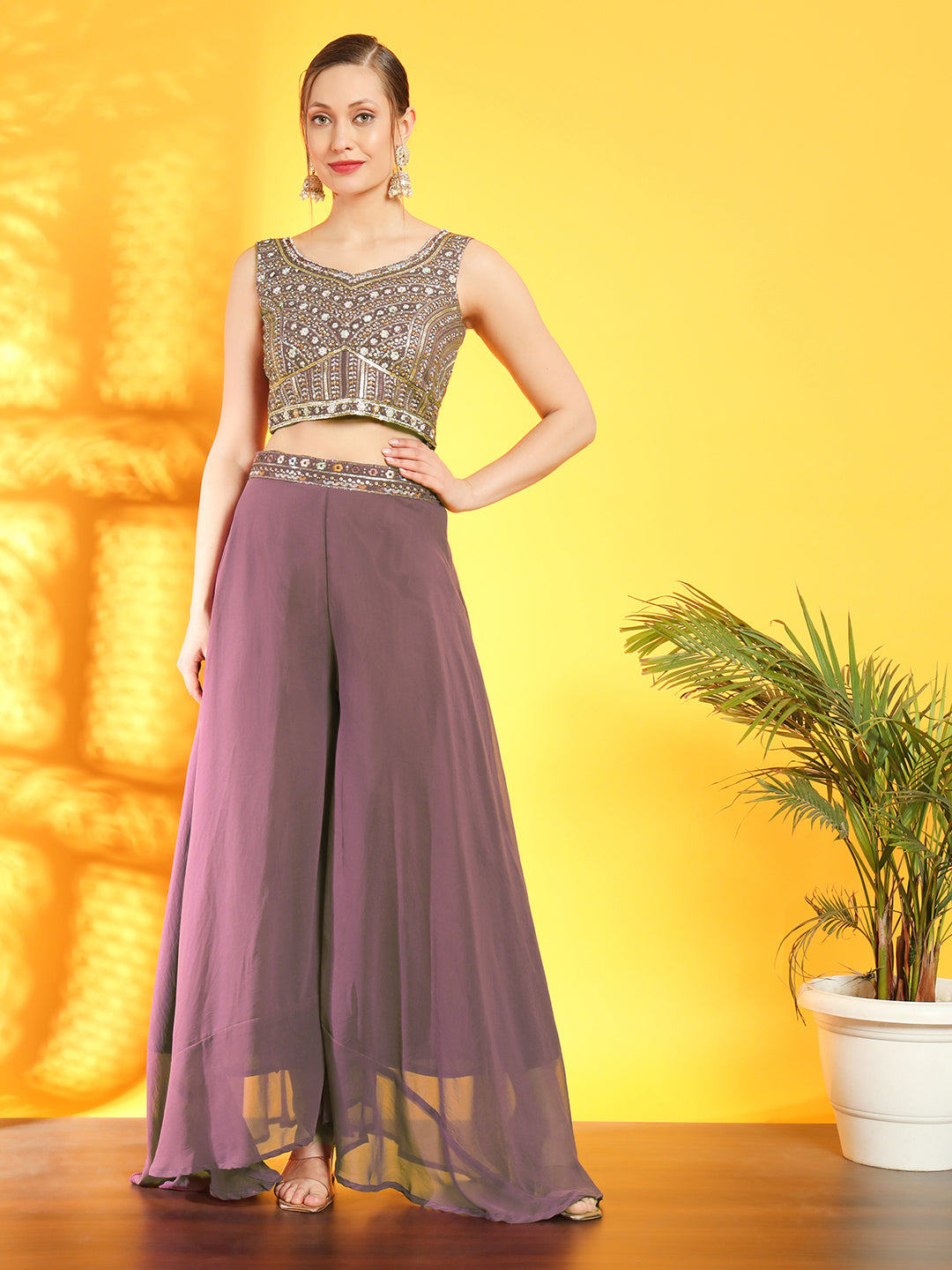 Georgette Indo Western Pallazo Set with Embroidered Crop Top & Pleated Long Jacket