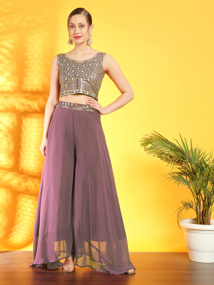 Georgette Indo Western Pallazo Set with Embroidered Crop Top & Pleated Long Jacket