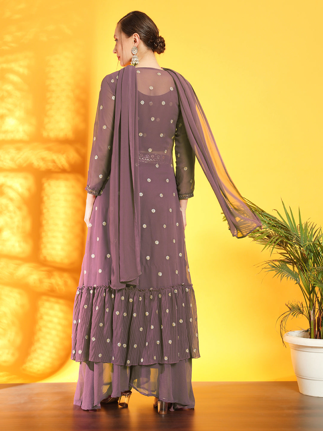 Georgette Indo Western Pallazo Set with Embroidered Crop Top & Pleated Long Jacket