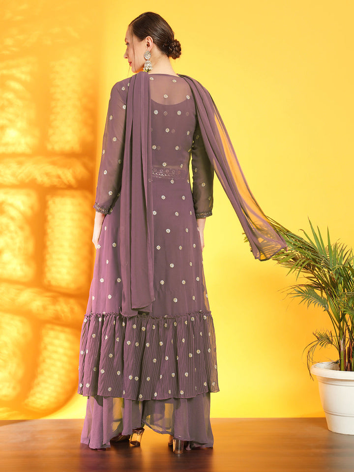 Georgette Indo Western Pallazo Set with Embroidered Crop Top & Pleated Long Jacket