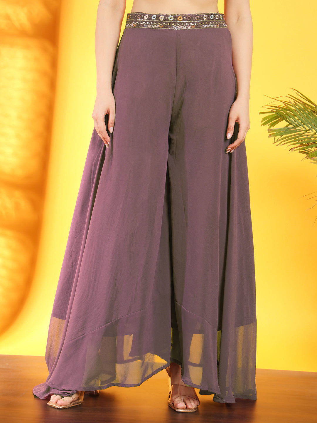 Georgette Indo Western Pallazo Set with Embroidered Crop Top & Pleated Long Jacket
