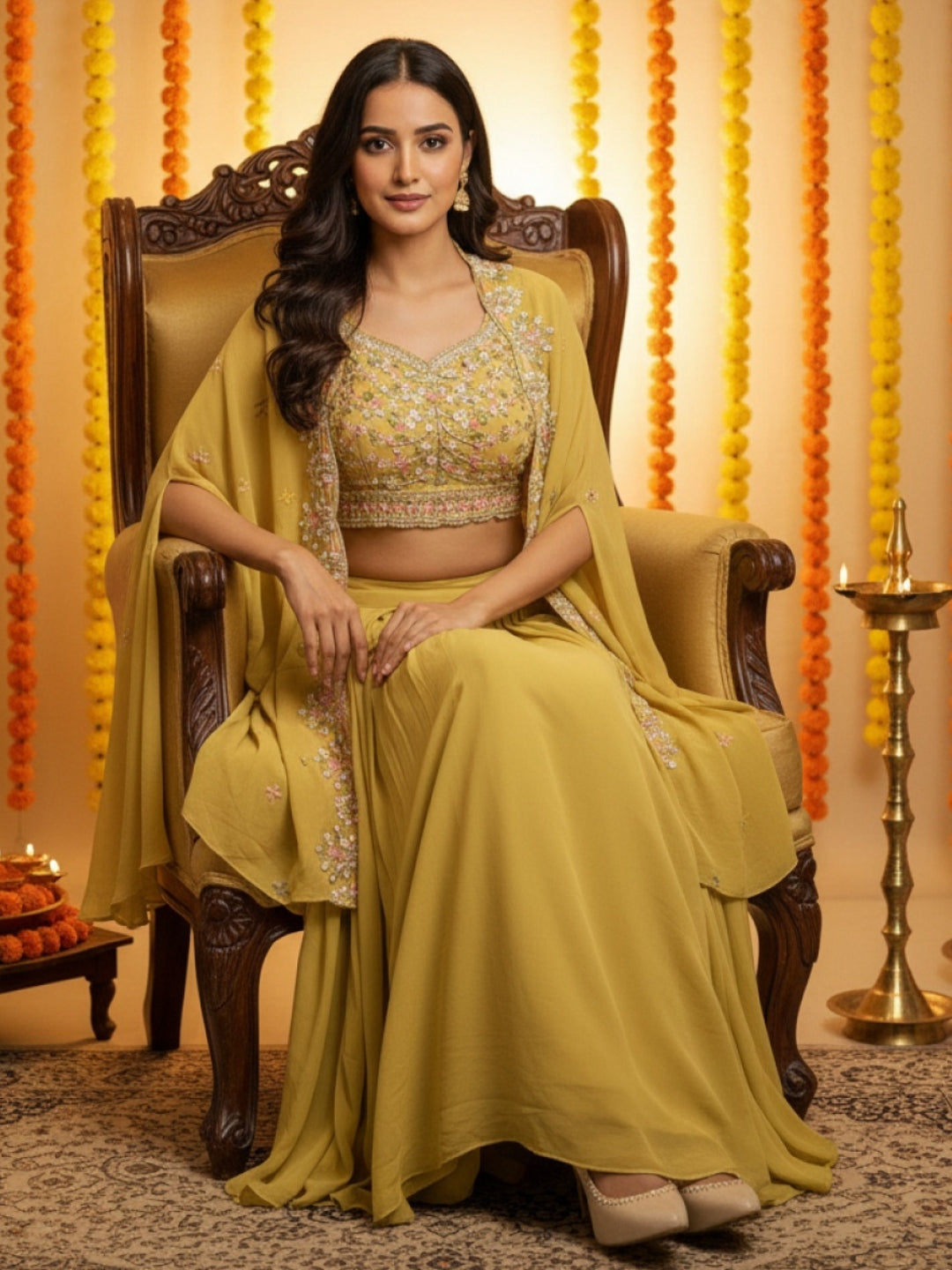 Resham Embroidered Crop Top Set with Pre-pleated Draped Skirt & Sequinned Scalloped Cape