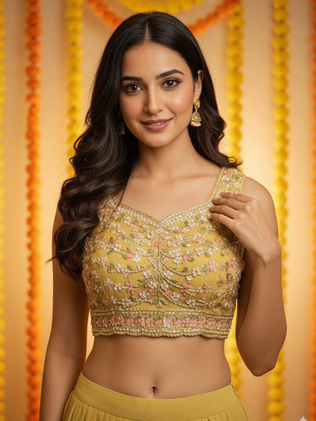 Resham Embroidered Crop Top Set with Pre-pleated Draped Skirt & Sequinned Scalloped Cape
