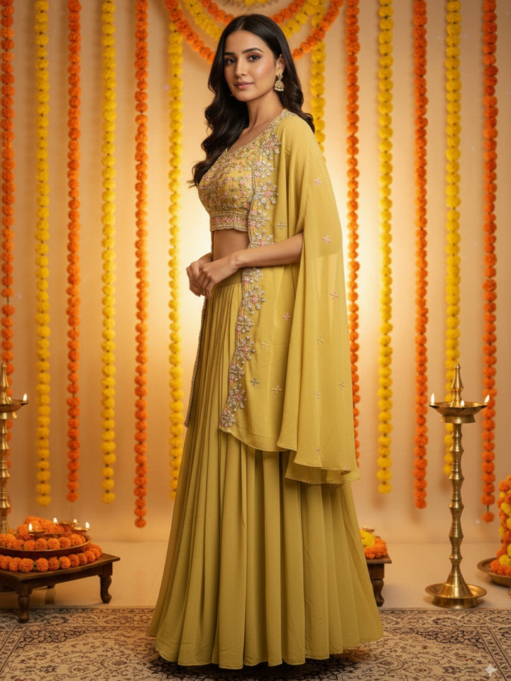 Resham Embroidered Crop Top Set with Pre-pleated Draped Skirt & Sequinned Scalloped Cape