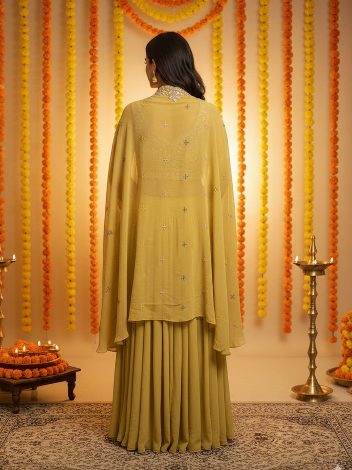 Resham Embroidered Crop Top Set with Pre-pleated Draped Skirt & Sequinned Scalloped Cape