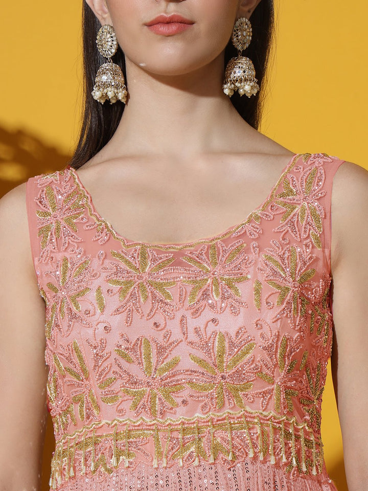 Mermaid Sequin Embellished Cocktail Gown with Floral Motifs