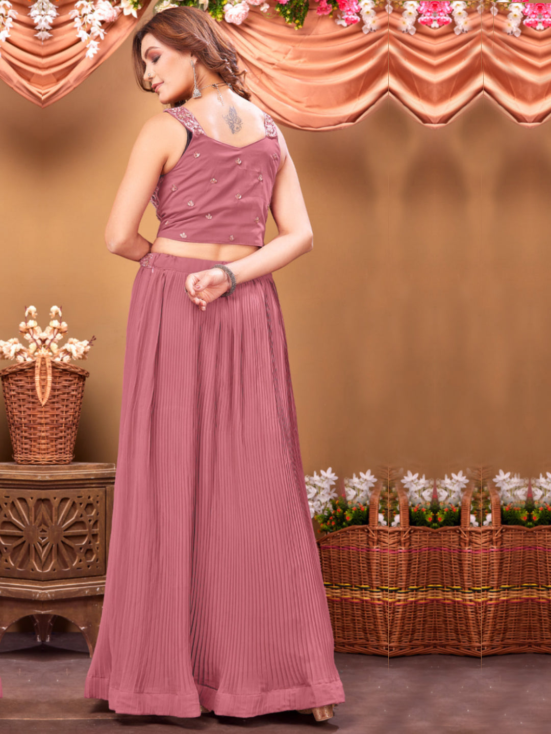 Mirror, Pearl and Sequin Embellished Pleated Lehenga Choli Dupatta Set