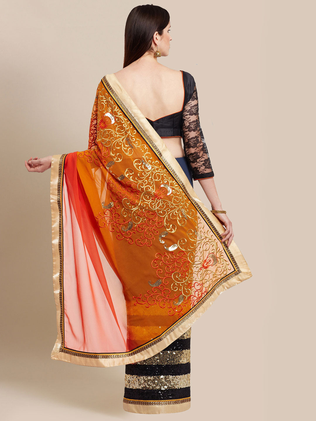 Grey & Orange Embroidered Georgette Half & Half Party Wear Saree