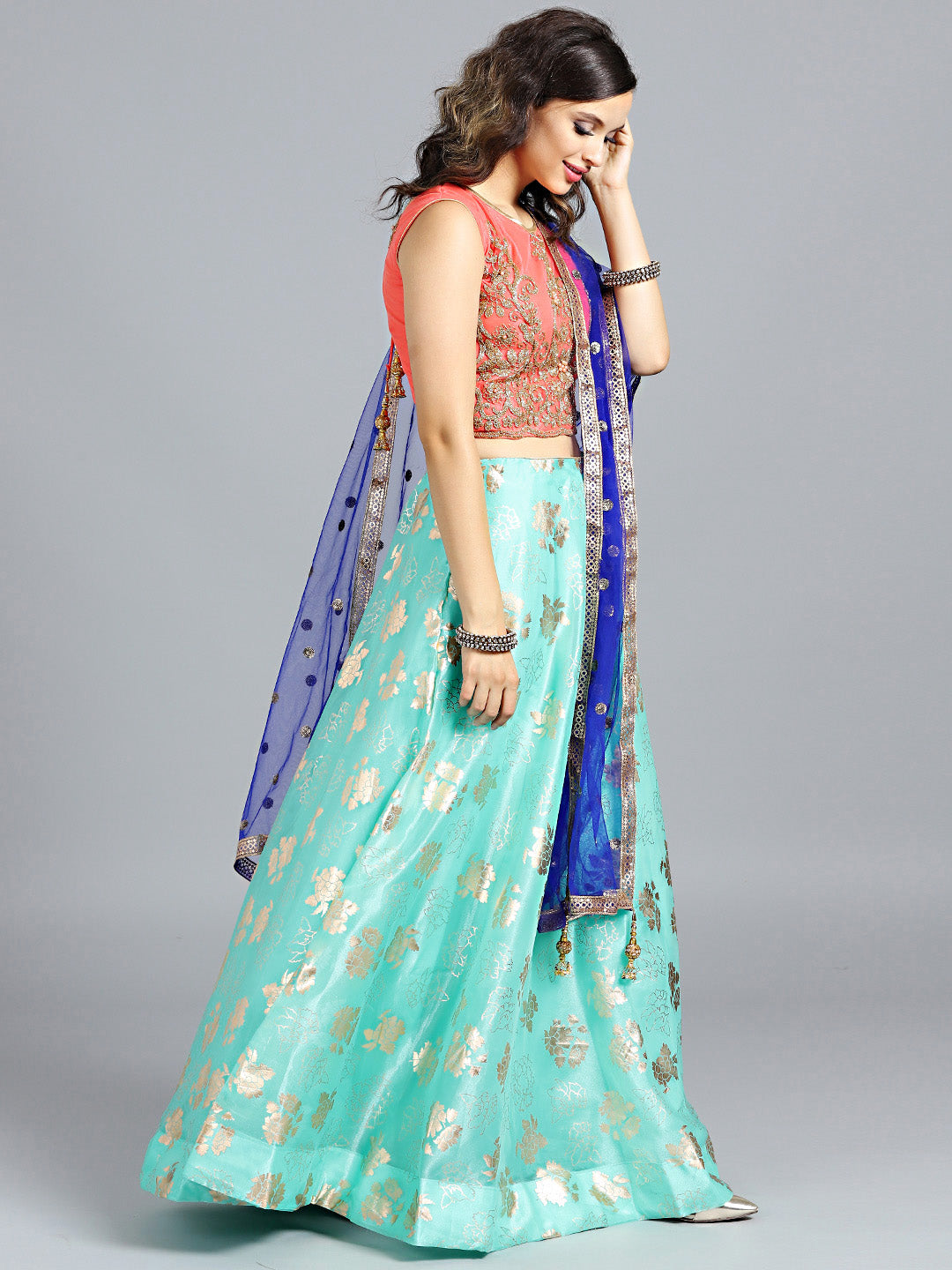 Embroidered Colorblocked Organza Lehenga Choli