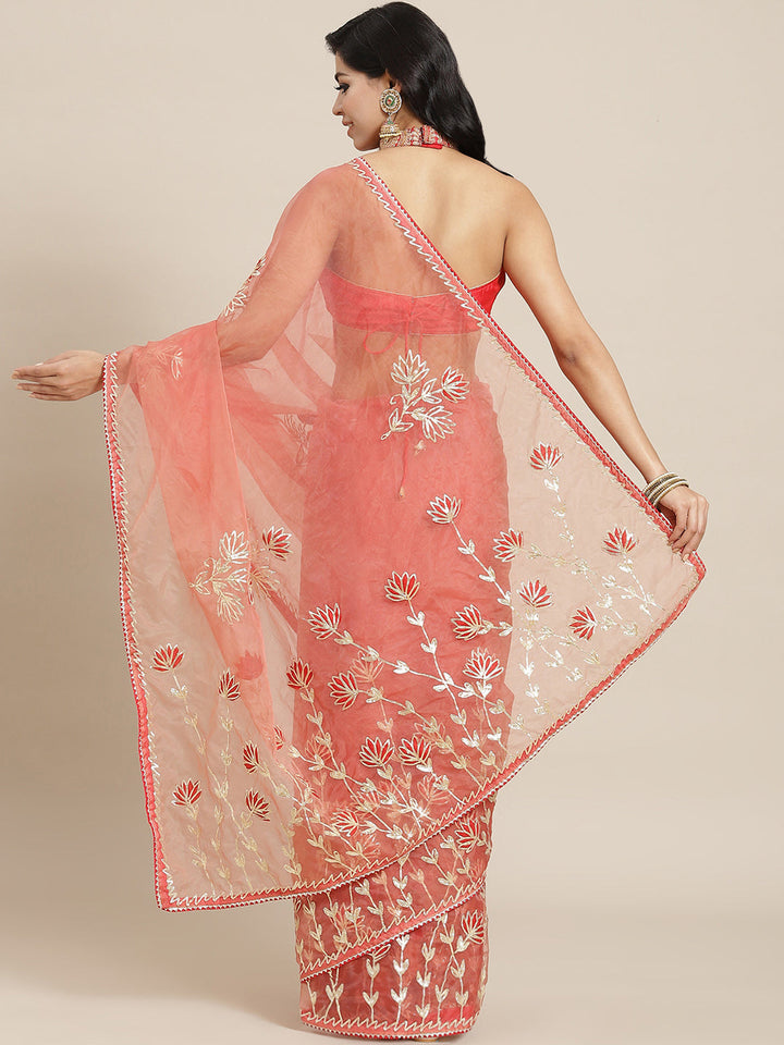Coral Organza Jaipuri Saree with Resham Embroidery & Contrast Blouse