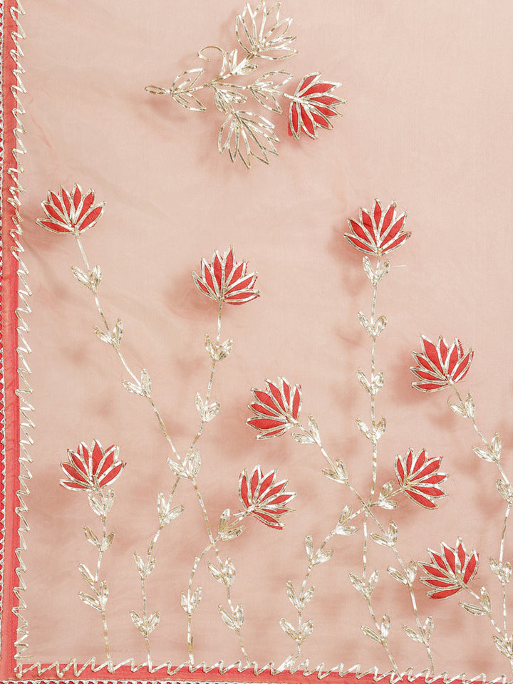 Coral Organza Jaipuri Saree with Resham Embroidery & Contrast Blouse