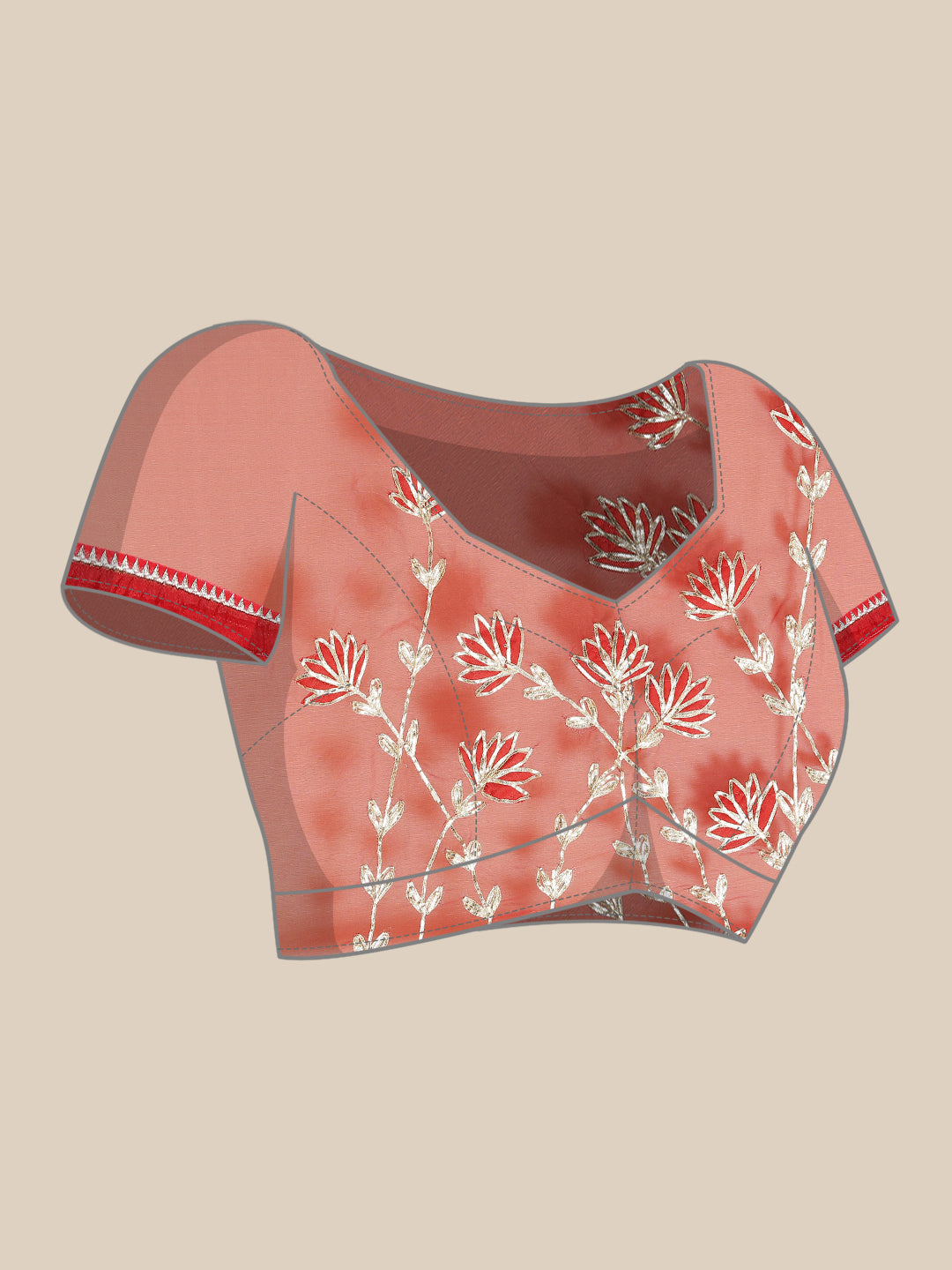 Coral Organza Jaipuri Saree with Resham Embroidery & Contrast Blouse