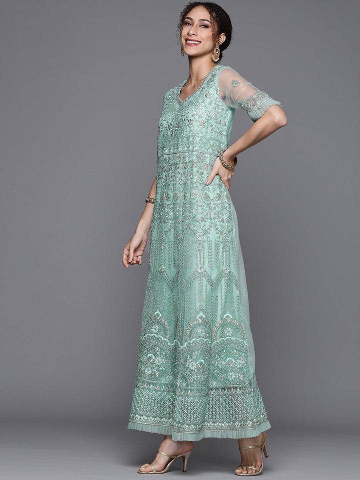Pastel Blue Embellished Net Gown & Pleated Embroidery Sleeves
