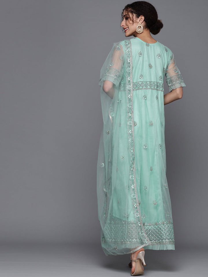 Pastel Blue Embellished Net Gown & Pleated Embroidery Sleeves