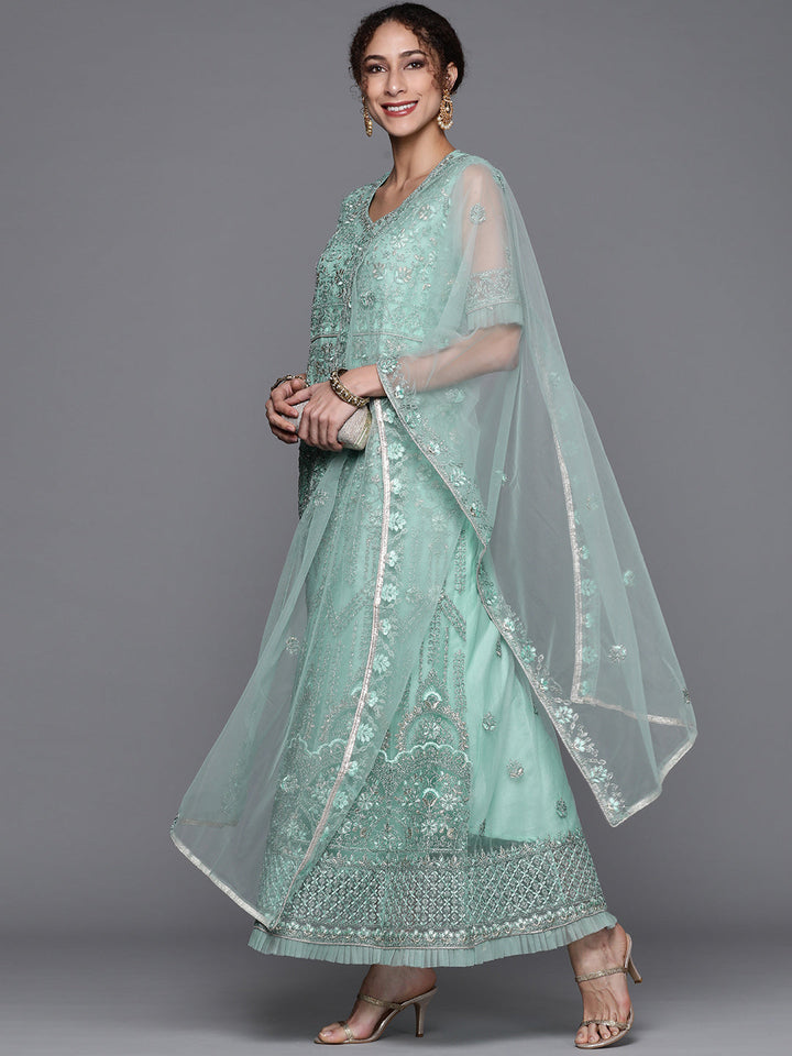 Pastel Blue Embellished Net Gown & Pleated Embroidery Sleeves