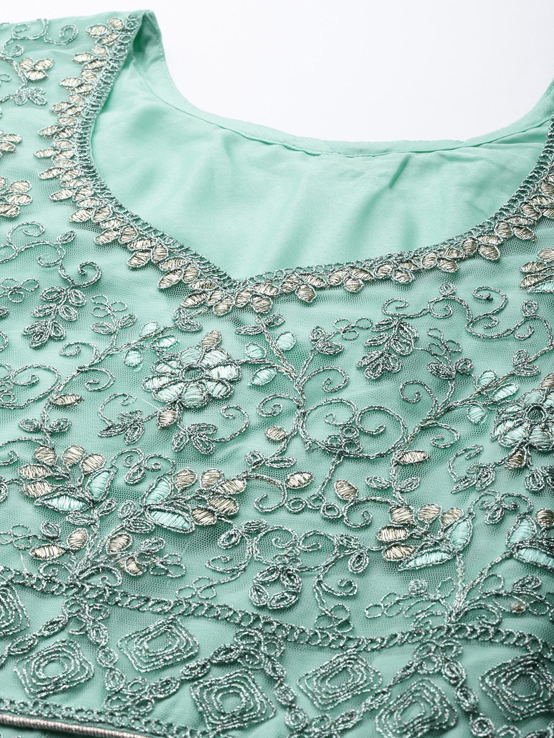 Pastel Blue Embellished Net Gown & Pleated Embroidery Sleeves