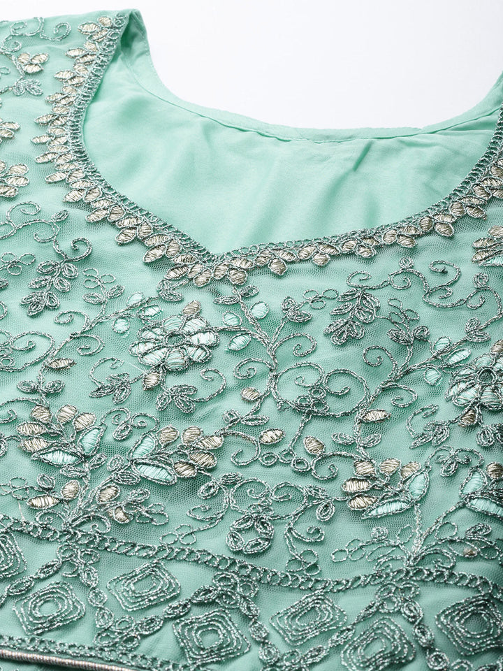 Pastel Blue Embellished Net Gown & Pleated Embroidery Sleeves