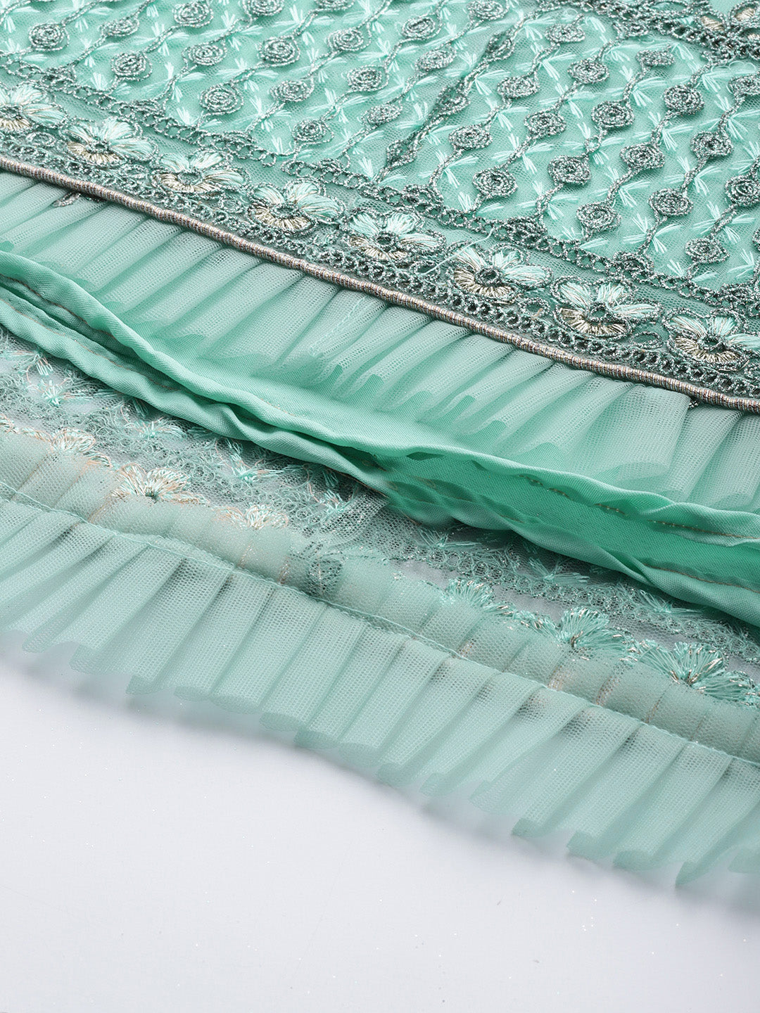 Pastel Blue Embellished Net Gown & Pleated Embroidery Sleeves
