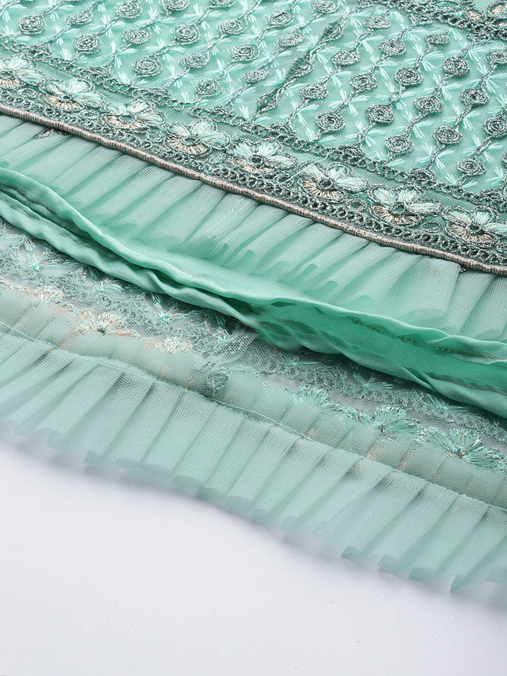 Pastel Blue Embellished Net Gown & Pleated Embroidery Sleeves