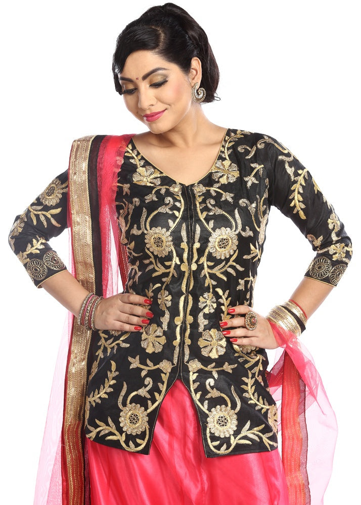 Pink & Black Net Embroidered Jacket Style Semi Stitched Lehenga With Dupatta