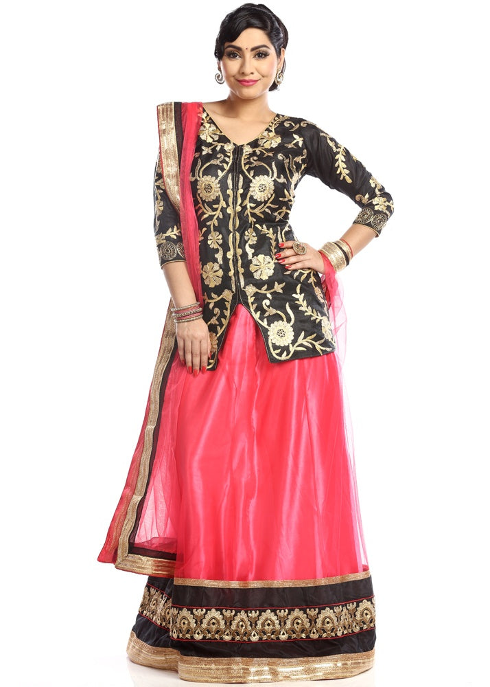 Pink & Black Net Embroidered Jacket Style Semi Stitched Lehenga With Dupatta