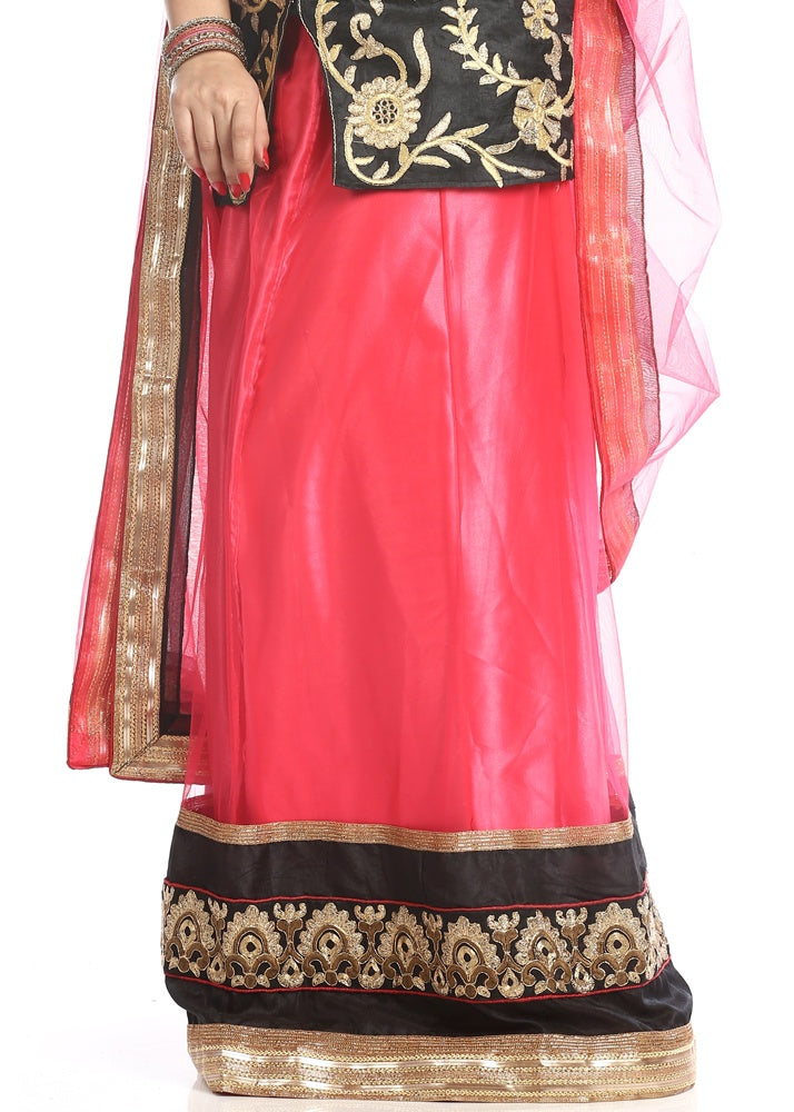 Pink & Black Net Embroidered Jacket Style Semi Stitched Lehenga With Dupatta