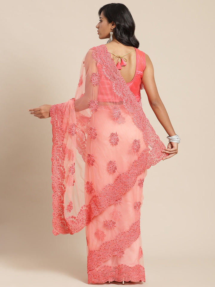 Resham Embroidered Saree with Scalloped border, Crystal Embellishments and Floral motifs
