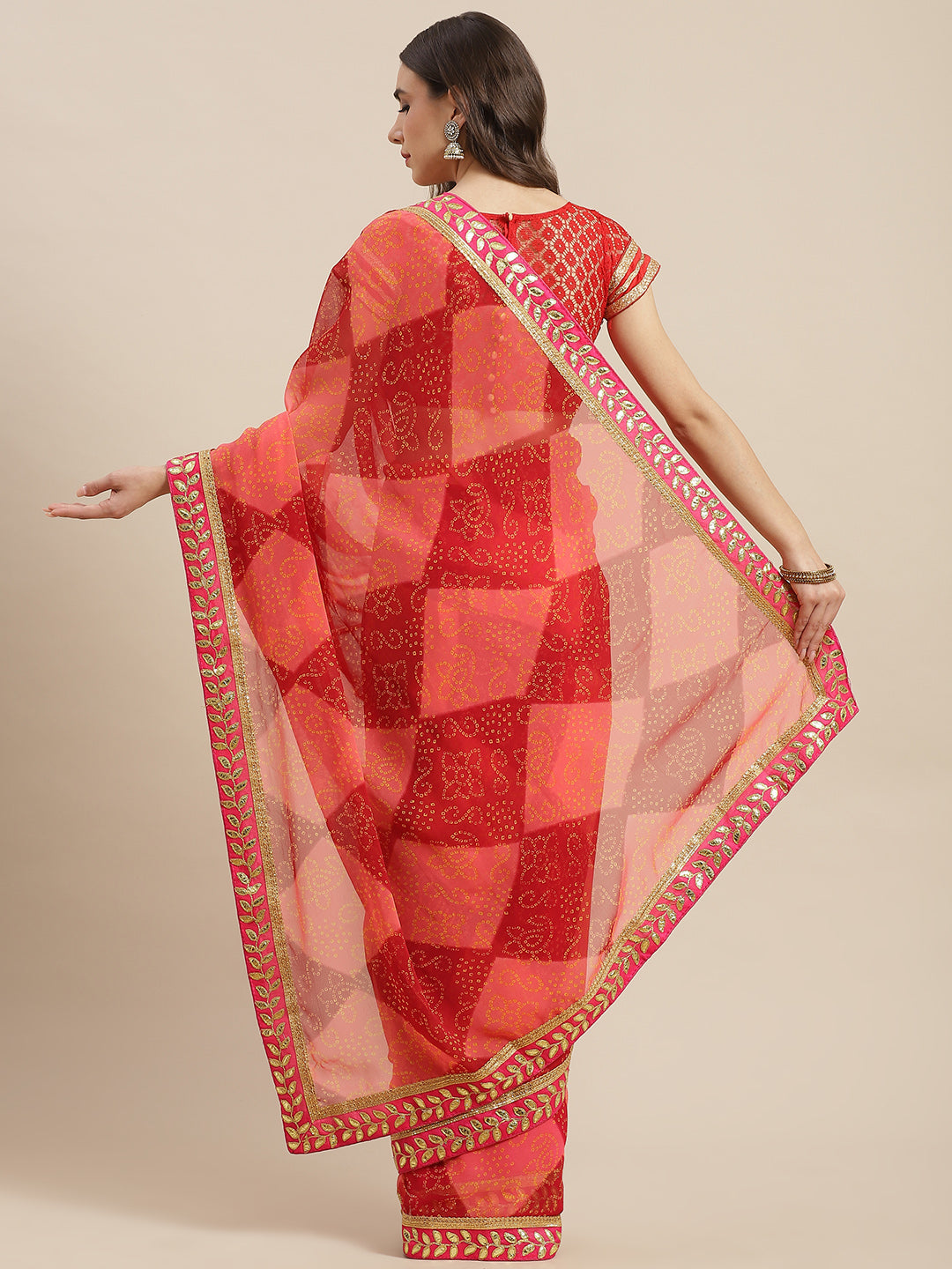 Pink & Maroon Georgette B&hani Print Saree & Gota Patti Jaipuri Border