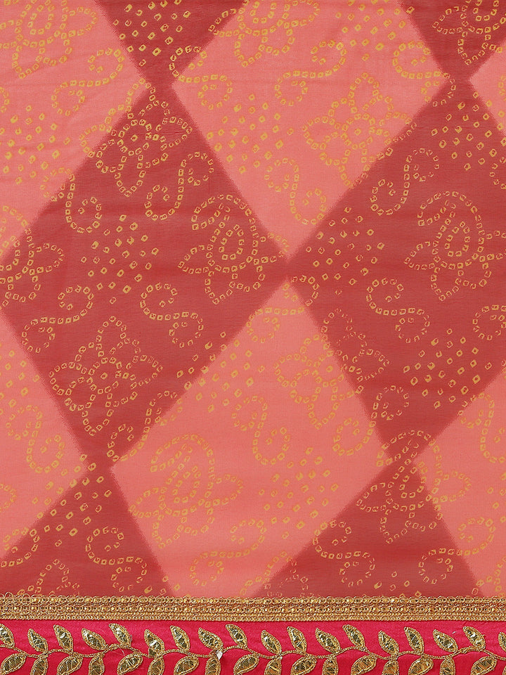 Pink & Maroon Georgette B&hani Print Saree & Gota Patti Jaipuri Border