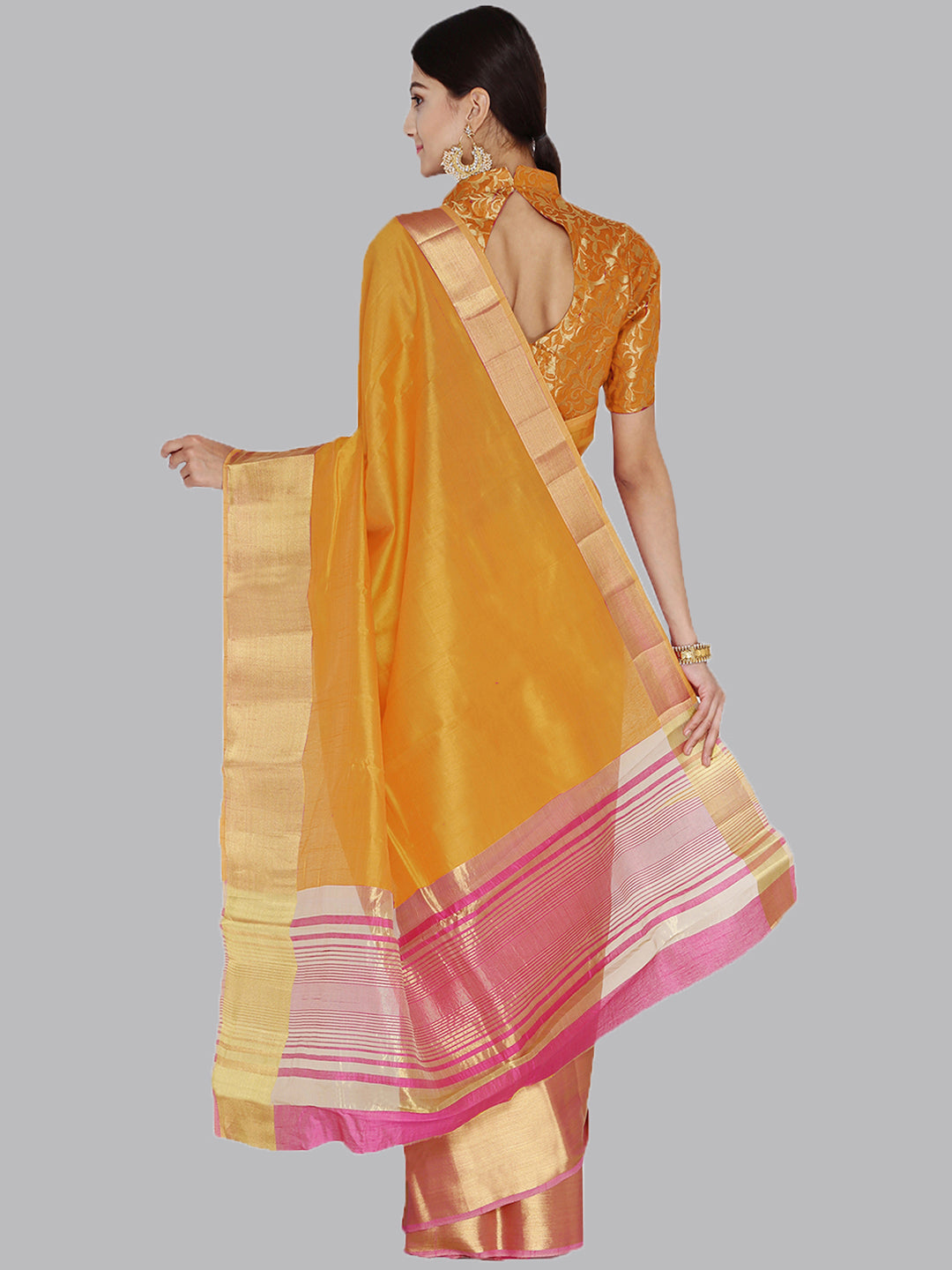 Colorblocked Banarasi Silk Saree with Broad Gold Zari Border