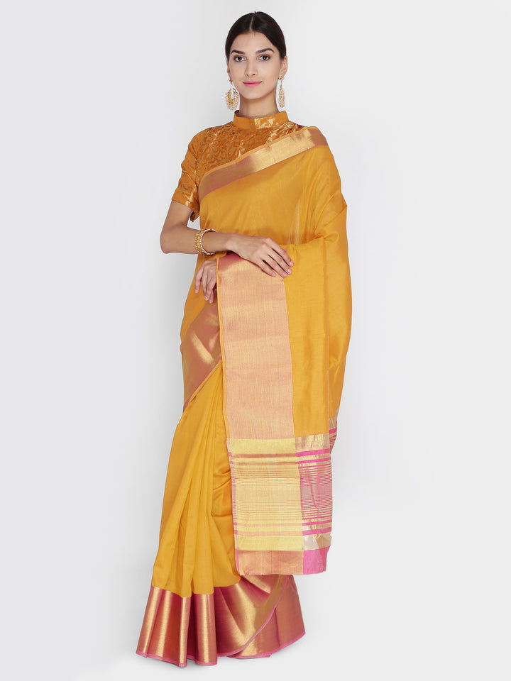 Colorblocked Banarasi Silk Saree with Broad Gold Zari Border