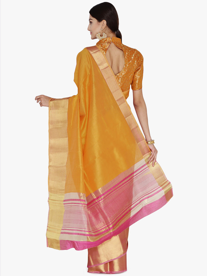 Colorblocked Banarasi Silk Saree with Broad Gold Zari Border